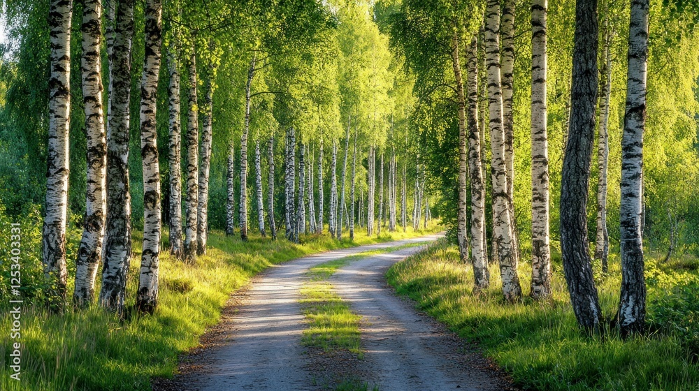 Fototapeta premium Sunny path through birch trees, summer landscape, nature wallpaper