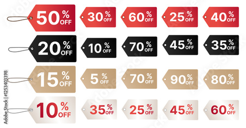 Set of discount price tags in red, black, gold, and white, displaying various percentage off offers. Perfect for retail promotions, e-commerce sales,marketing campaigns, and advertising designs.Vector