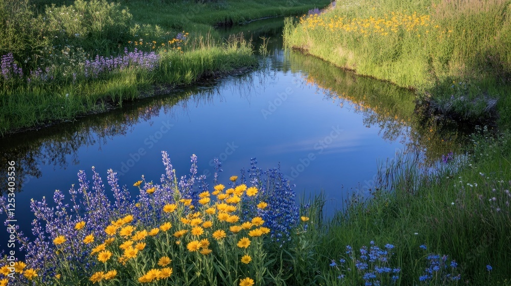 Vibrant wildflowers bloom beside a calm blue stream Vibrant wildflowers bloom beside a calm blue stream