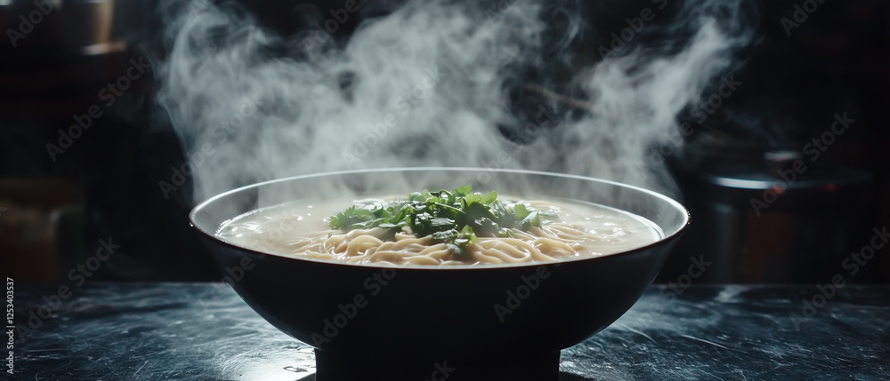 Steam rising from a bowl of ramen with fresh herbs, noodles, and broth on a dark surface Steam rising from a bowl of ramen with fresh herbs, noodles, and broth on a dark surface