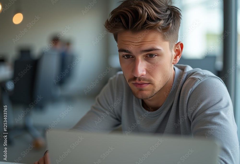 Focused young professional working diligently on a laptop in a modern office with glass partitions and ambient lighting Focused young professional working diligently on a laptop in a modern office with glass partitions and ambient lighting