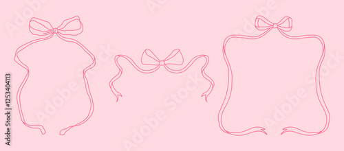 Frames of coquette pretty charming pink bows and ribbons. Hand drawn trendy ribbons border. Vintage bowknots frame for greeting cards, wedding, invitations, social media