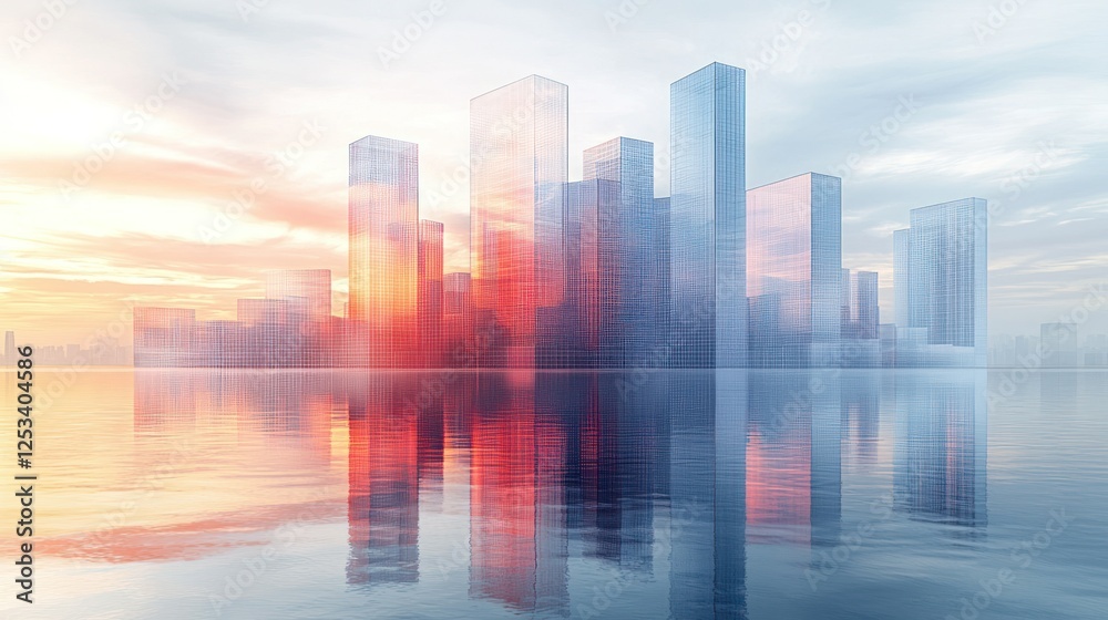 Sunrise cityscape reflection, calm waters, futuristic architecture, urban development Sunrise cityscape reflection, calm waters, futuristic architecture, urban development