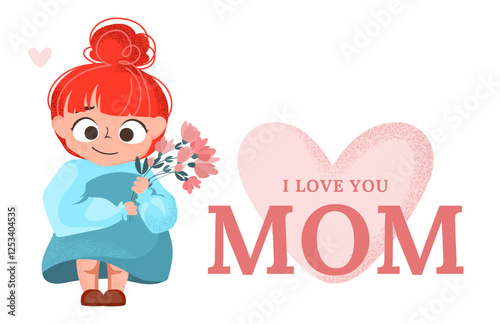 Little girl holding flowers with I love you mom lettering and heart shaped background. Happy Mother's Day for cards, posters, invitations and social media greetings. Vector illustration