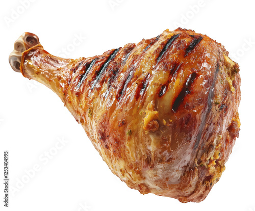 A digital illustration of a succulent roasted turkey leg with crispy, slightly charred skin, isolated, transparent background, PNG