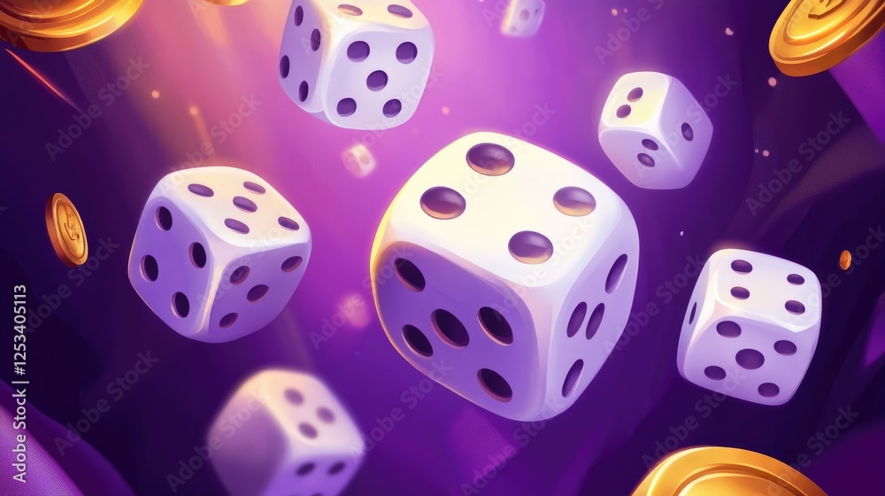 Floating dice and golden coins on a vibrant purple background Floating dice and golden coins on a vibrant purple background