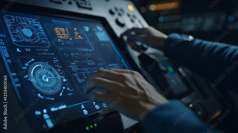 Hands operating a futuristic control panel with digital interface and dials Hands operating a futuristic control panel with digital interface and dials