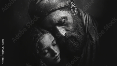 Emotional embrace between father and daughter intimate moment black and white close-up depth of feeling