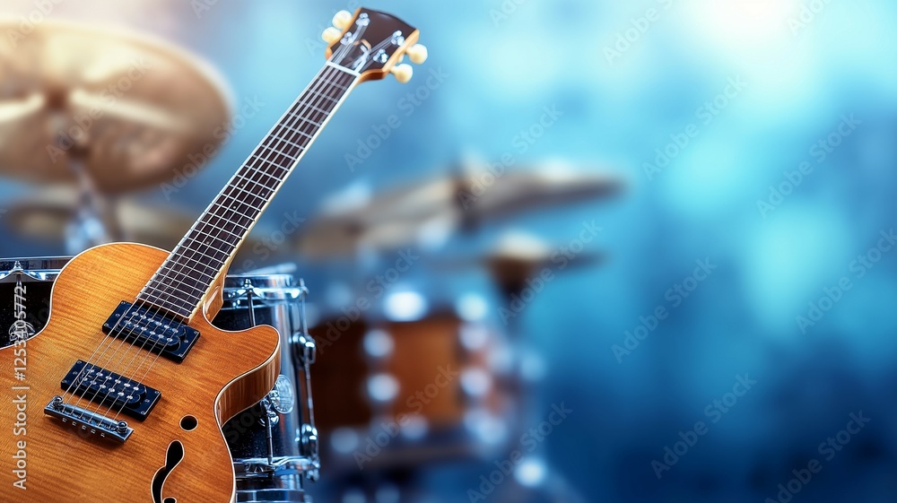Naklejka premium A guitar positioned in front of drum set in music studio, showcasing vibrant atmosphere perfect for creativity and performance