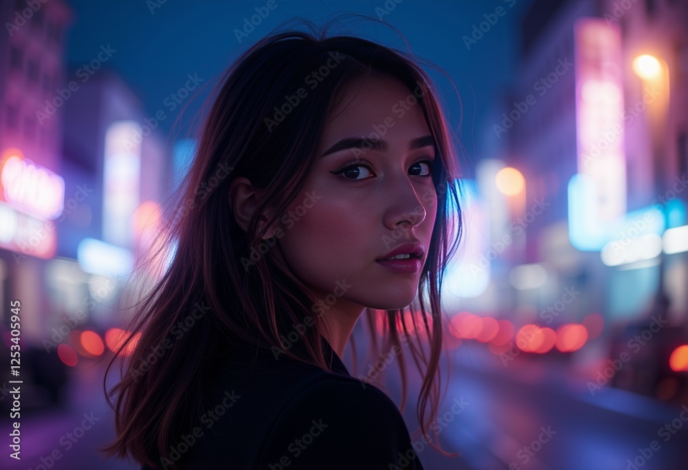 Obraz premium Woman with long hair and hand on her chin under colorful string lights in a dreamy ambiance