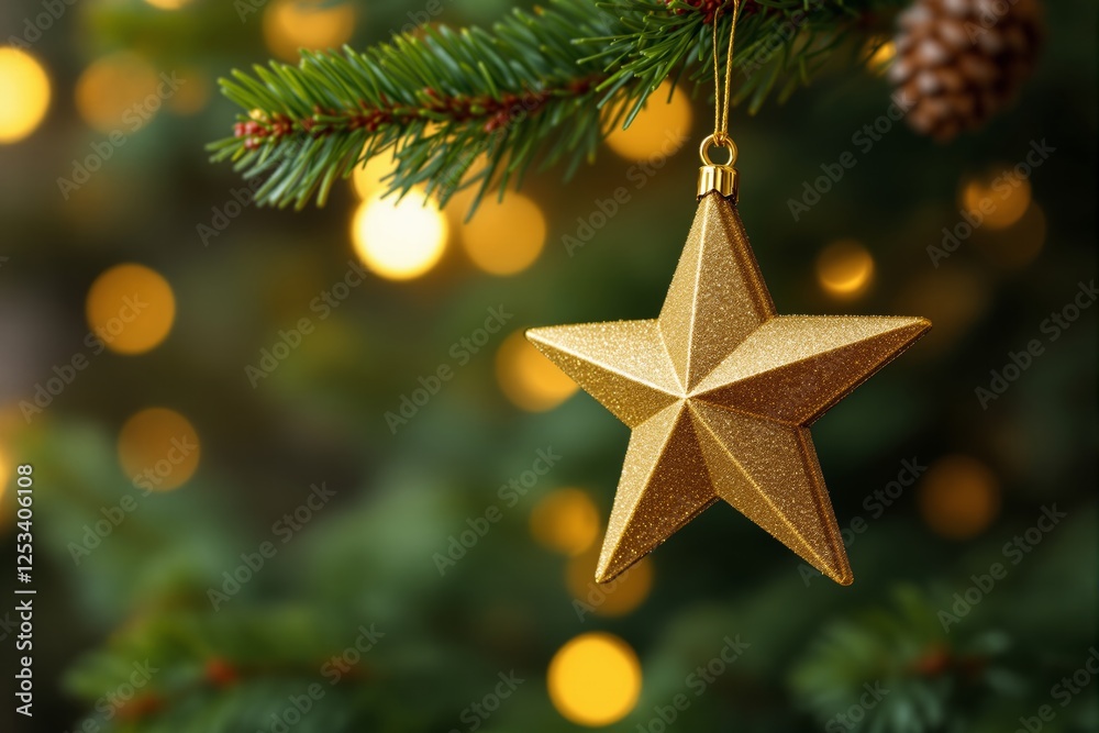 Golden star ornament hanging on a Christmas tree branch with festive lights in the background.