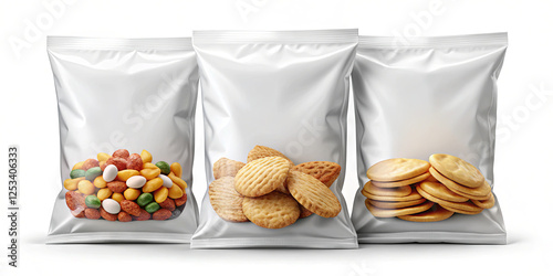 Three shiny, sealed packages each contain different tasty snacks. The first bag holds a colorful mix of candies, the second showcases a variety of cookies, and the third is filled with crisp crackers photo