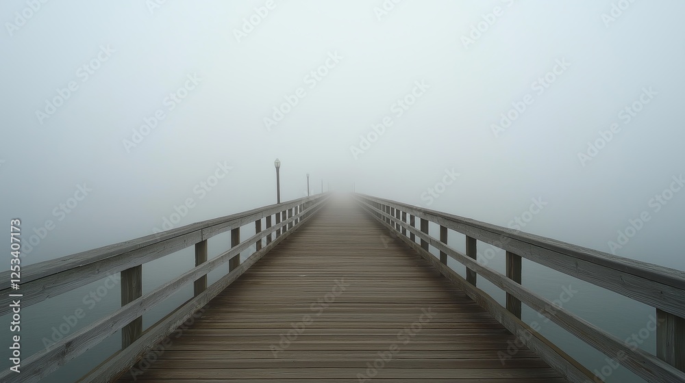 Obraz premium A tranquil seaside pier at sunrise, with wooden planks leading into the misty horizon.
