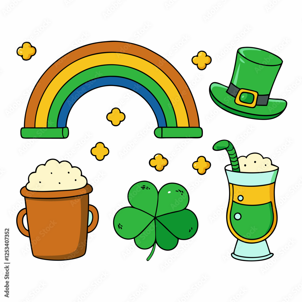 St. Patrick s Day set include in: rainbow, balloons, horseshoe, two mugs of beer, pot of gold and green hat. vector illustration with a white background