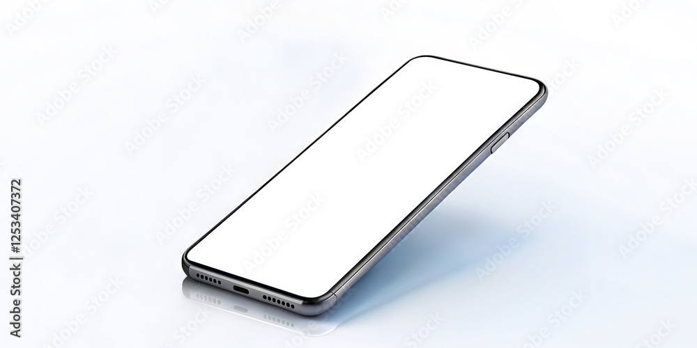 A sleek smartphone is positioned at an angle on a glossy surface, showcasing its rounded edges and a blank screen. Ideal for showcasing apps or designs, the setup emphasizes simplicity and elegance A sleek smartphone is positioned at an angle on a glossy surface, showcasing its rounded edges and a blank screen. Ideal for showcasing apps or designs, the setup emphasizes simplicity and elegance