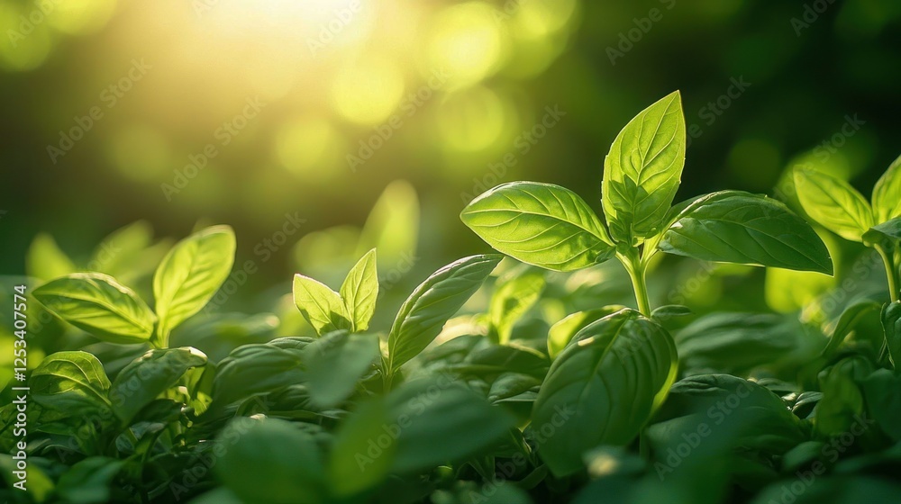 Sunrise illuminates vibrant basil plants in garden Sunrise illuminates vibrant basil plants in garden