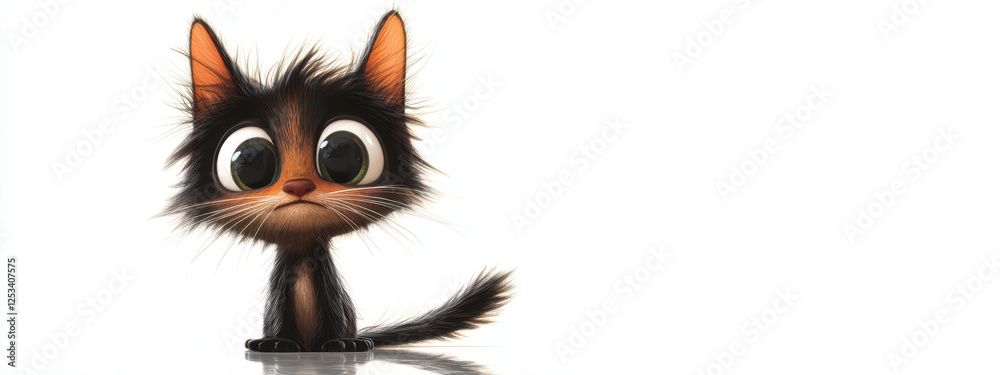 Fototapeta premium Adorable animated kitten with oversized eyes and fluffy fur sits against a plain white background.