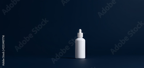 A white dropper bottle stands upright on a dark surface, showcasing a minimalistic design. It appears ready for use in skincare or medicinal applications