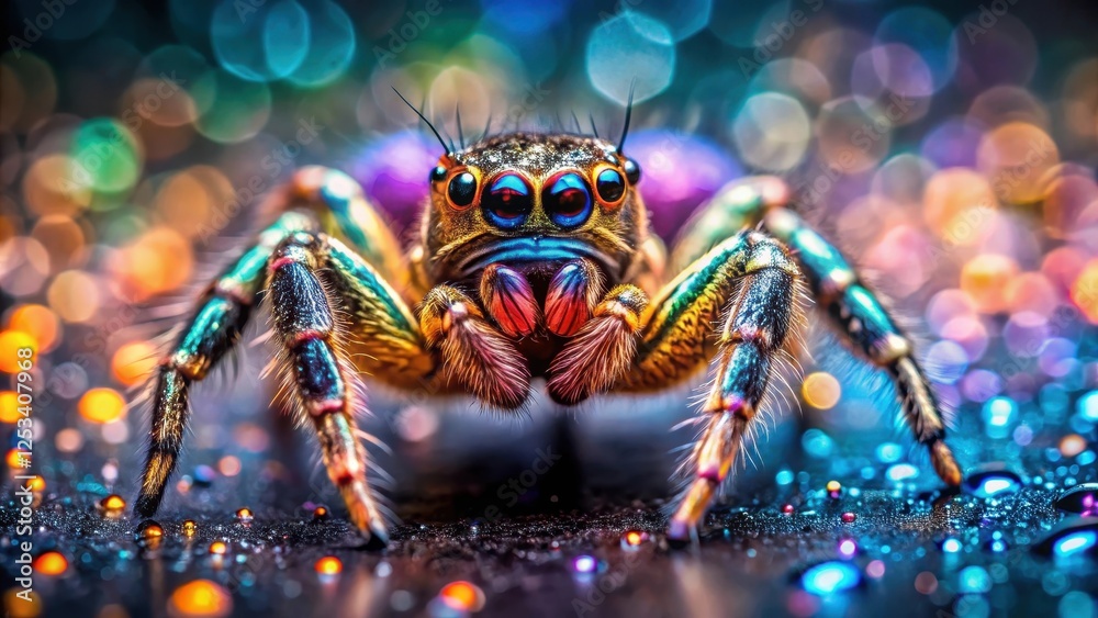 Fototapeta premium A Vibrant Rainbow Jumping Spider on a Sparkling, Dew-Kissed Surface