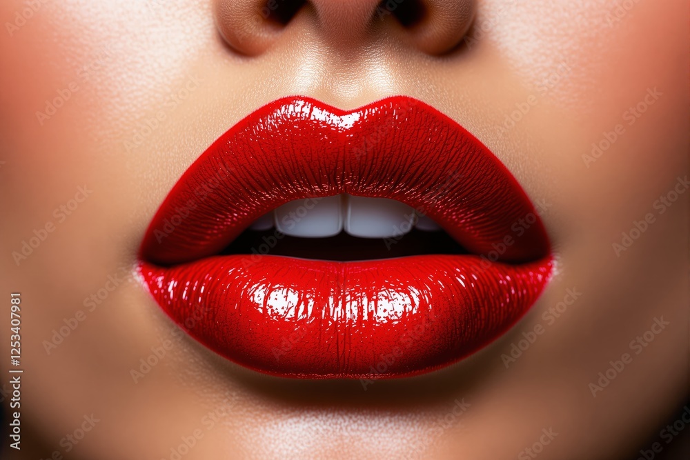 Fototapeta premium Close-up of glossy red lips with radiant highlights, against a blurred background.