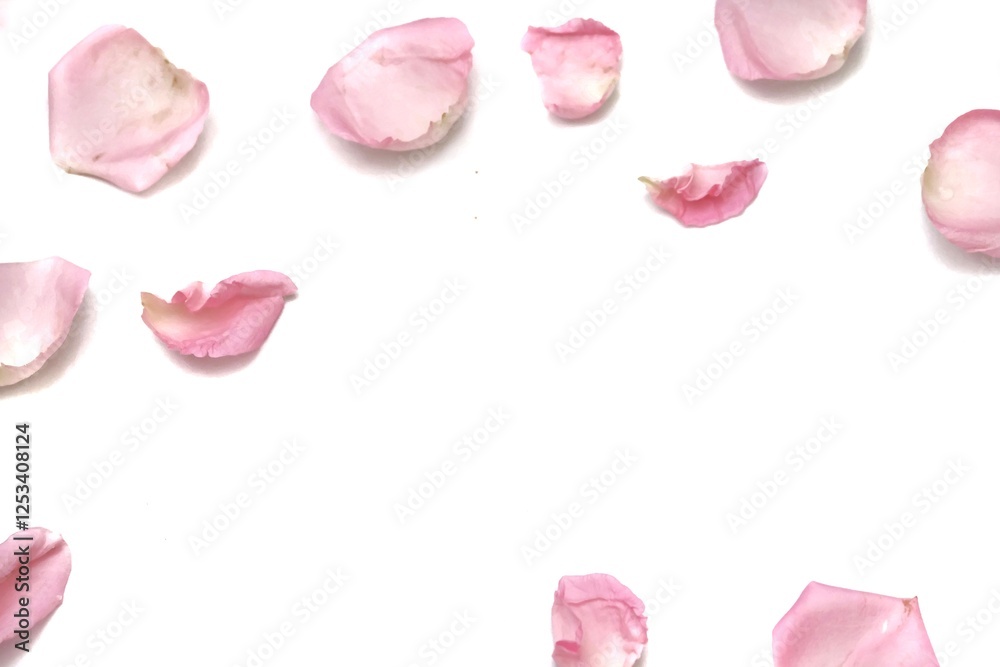 Fototapeta premium Blurred a group of sweet pink rose corollas on white isolated with copy space and softy style 