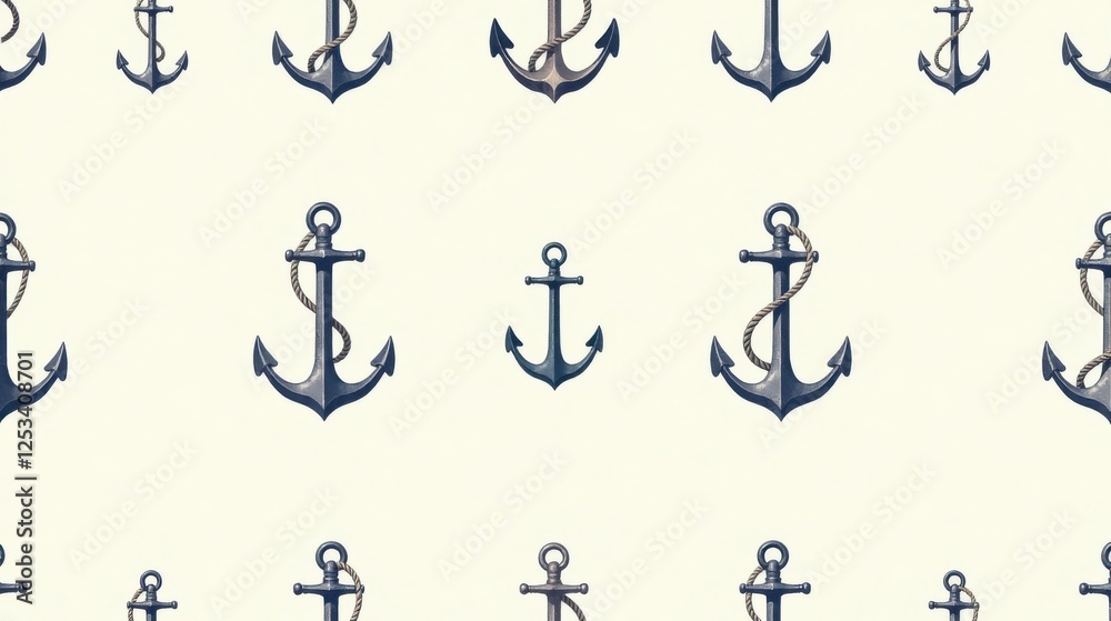 Seafaring Anchors A Nautical Textile Design Featuring a Repeating Pattern of Anchors with Rope Details, Perfect for Nautical-Themed Fabrics and Decorative Applications Seafaring Anchors A Nautical Textile Design Featuring a Repeating Pattern of Anchors with Rope Details, Perfect for Nautical-Themed Fabrics and Decorative Applications