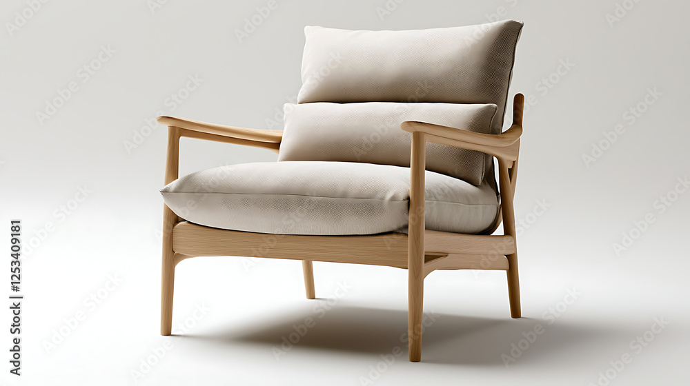 A wooden chair with a white cushion sits on a white background. generated using AI A wooden chair with a white cushion sits on a white background. generated using AI