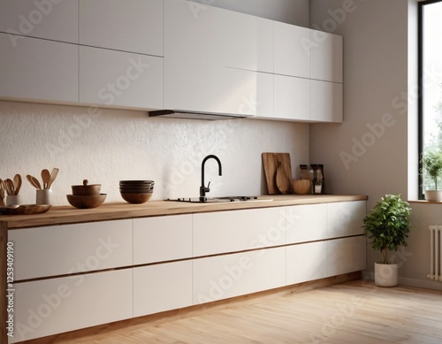Modern Kitchen interior with empty blank wall for mockup template display. 3D Rendering
