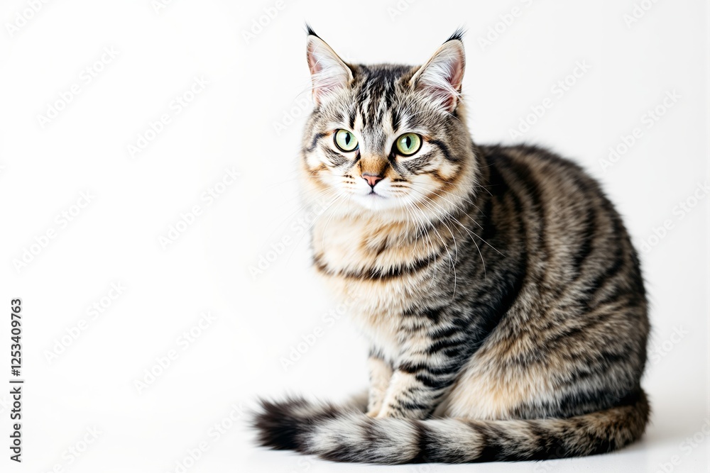 Close-up of a striped cat with bright green eyes sitting against a white background. Close-up of a striped cat with bright green eyes sitting against a white background.