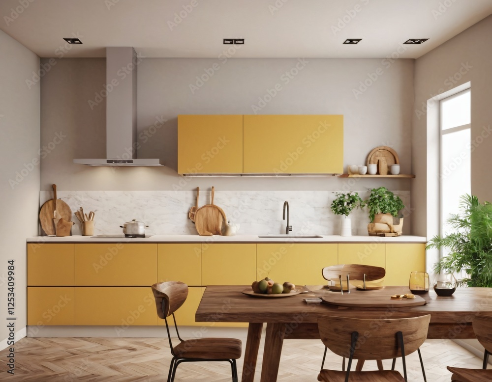 Modern Kitchen interior with empty blank wall for mockup template display. 3D Rendering Modern Kitchen interior with empty blank wall for mockup template display. 3D Rendering
