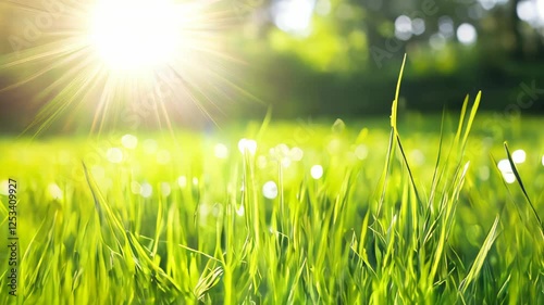 Vibrant Spring Landscape Captures Natures Beauty in Lush Green Grass and Warm Sunlight