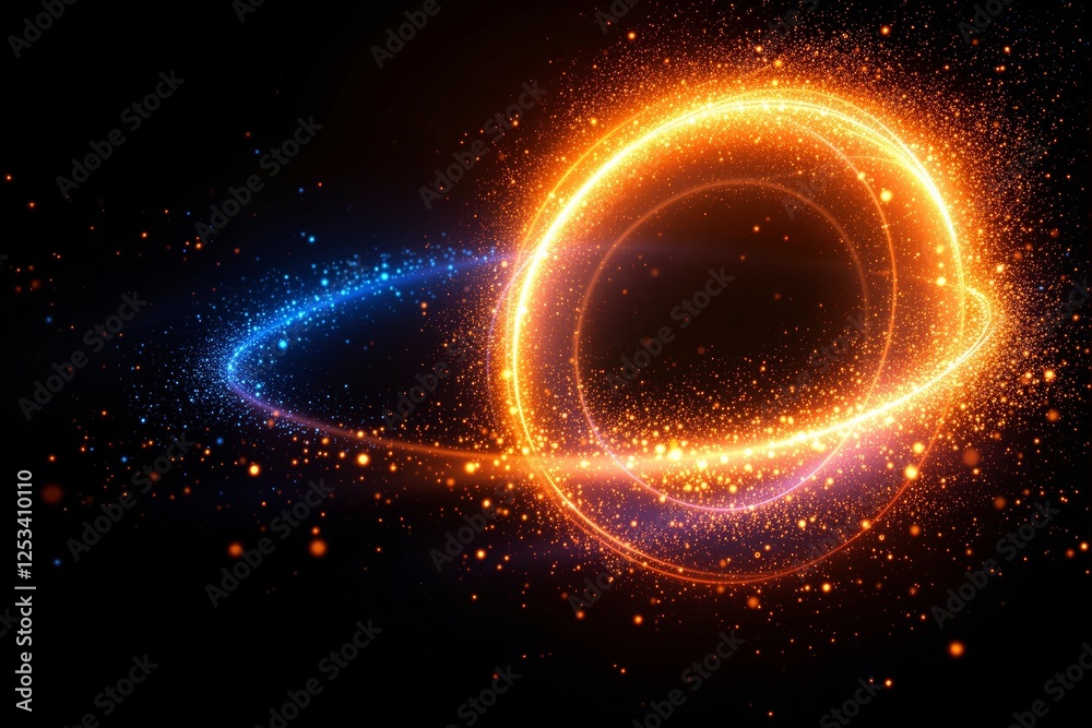 Fototapeta premium Glowing orange and blue light trails with sparkling particles on a dark background.