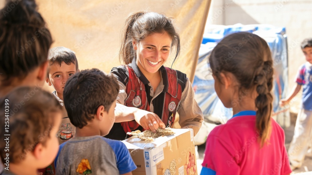 A humanitarian worker distributing food aid to children in a refugee camp, with humanitarian supplies and smiling refugee children, Refugee relief scene A humanitarian worker distributing food aid to children in a refugee camp, with humanitarian supplies and smiling refugee children, Refugee relief scene