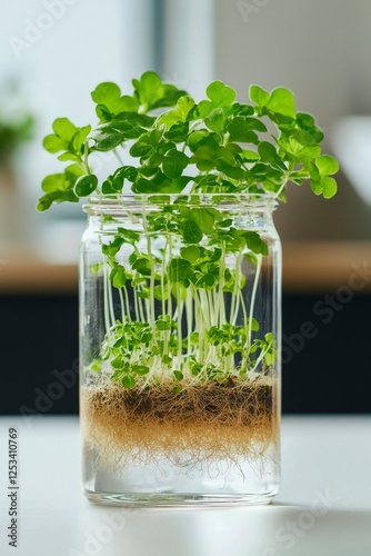 Sprouts in Glass Jar by Window. Use for educational or home gardening content photo