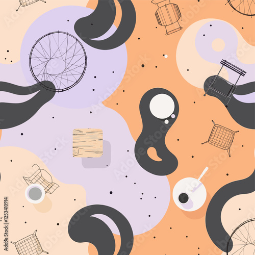 Abstract shapes and objects, including a wheel, chair, and cup, arranged in a chaotic and random manner. Vector patterns, random pattern