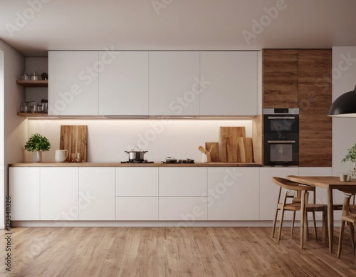 Modern Kitchen interior with empty blank wall for mockup template display. 3D Rendering
