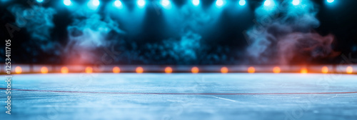 large empty ice rink illuminated by blue lights, creating dramatic atmosphere. smooth ice surface reflects vibrant colors, perfect for ice hockey or skating events
