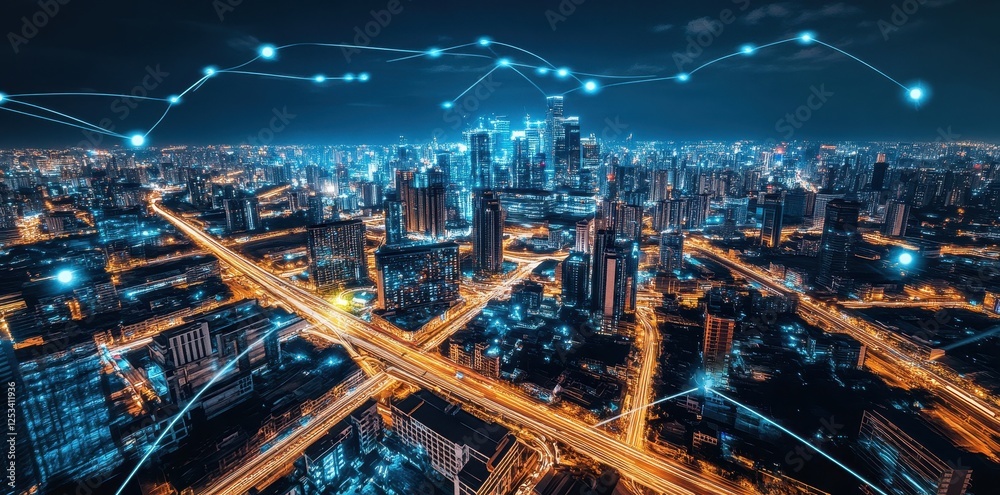 Futuristic cityscape with glowing networks at night Futuristic cityscape with glowing networks at night