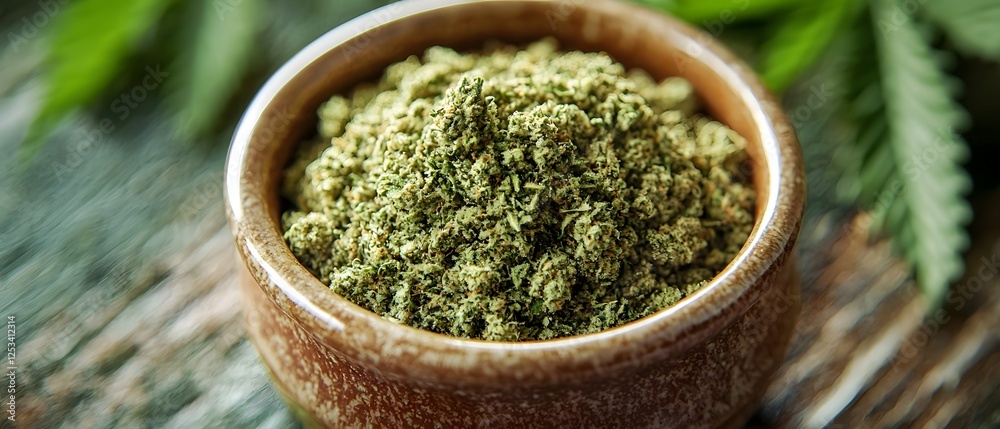 Growth Therapeutic Healing, Close-up Macro Shot of Ground Cannabis Flower in Ceramic Bowl Growth Therapeutic Healing, Close-up Macro Shot of Ground Cannabis Flower in Ceramic Bowl