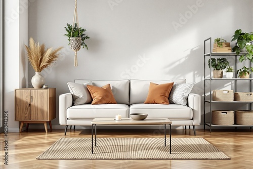 Cozy living room with modern decor and neutral tones.
