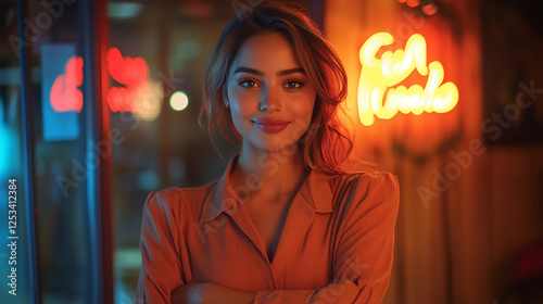 A smiling woman stands confidently. She wears an orange shirt and poses against a blurry background of lights including neon writing, 