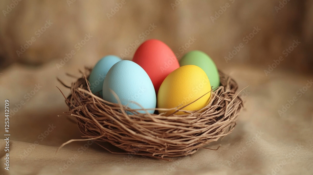 Easter nest with colorful eggs on paper background for spring celebration Easter nest with colorful eggs on paper background for spring celebration