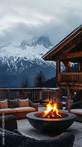 A luxurious wooden chalet, with a large fire pit in the center of an outdoor terrace
