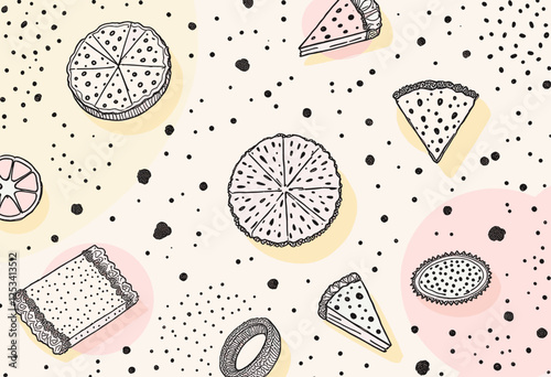 Various slices of pizza with different toppings, arranged in a casual, hand-drawn style against a light background with scattered dots. Vector patterns, random pattern