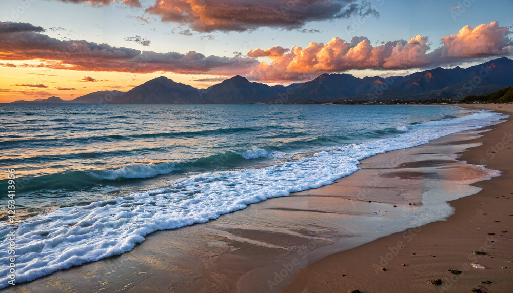 Fototapeta premium Le soleil se couche derrière les montagnes sur une plage déserte.