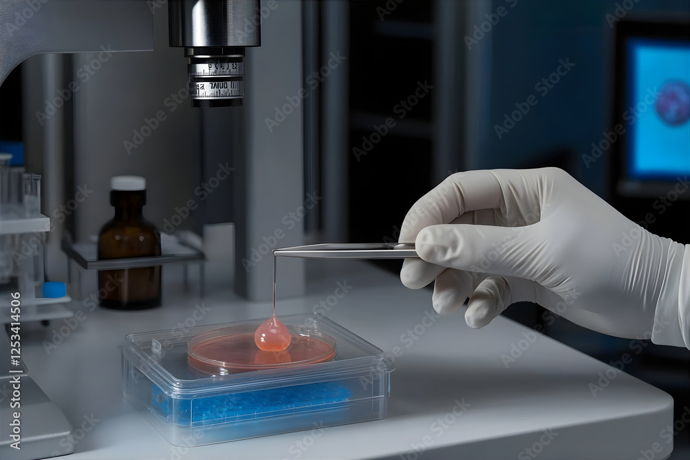 Close up hands examining a petri dish with gene-modified cells under UV light, cells emitting blue fluorescence. Gene therapy concept. Close up hands examining a petri dish with gene-modified cells under UV light, cells emitting blue fluorescence. Gene therapy concept.