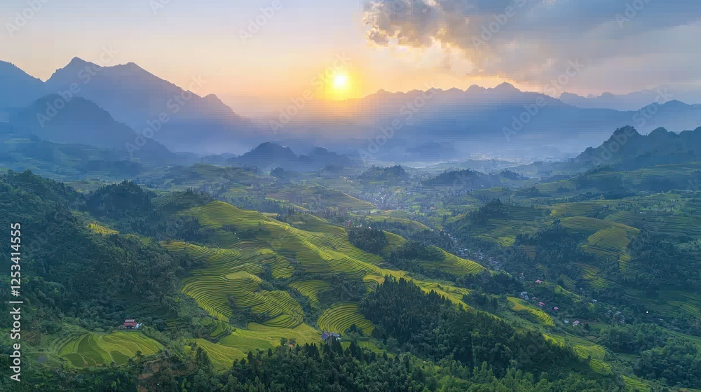 Fototapeta premium Sunrise over terraced rice paddies, Vietnam