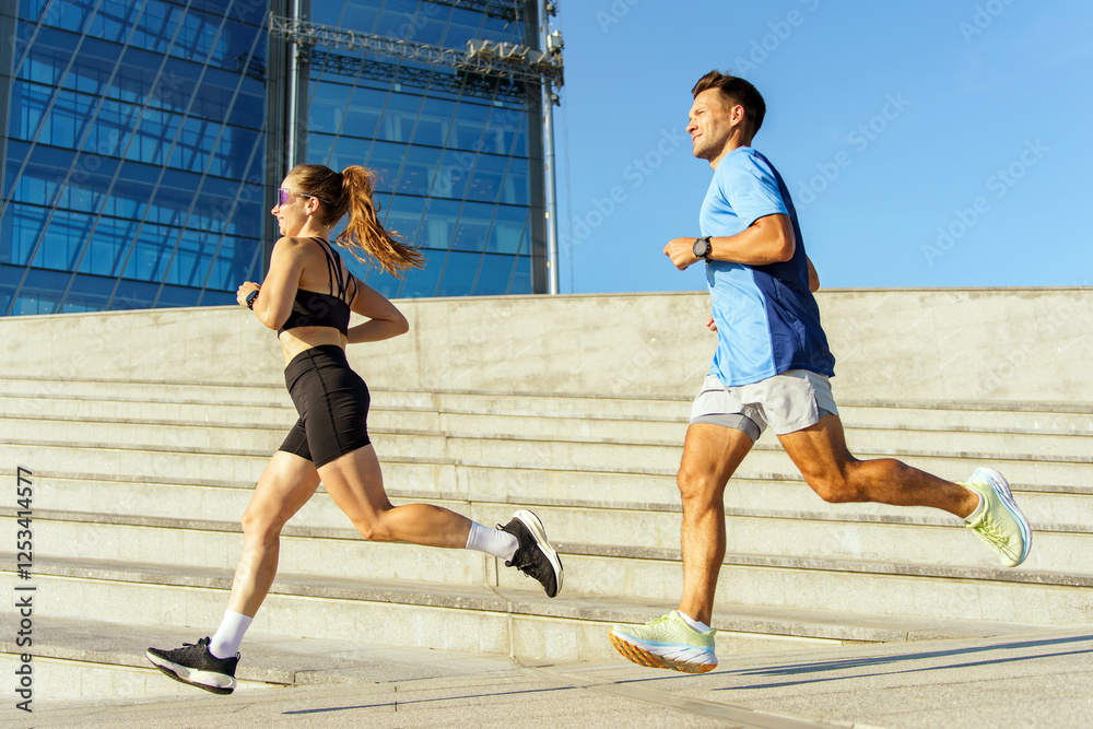 Fototapeta premium Couple jogging on outdoor steps near modern architecture during bright afternoon sunlight