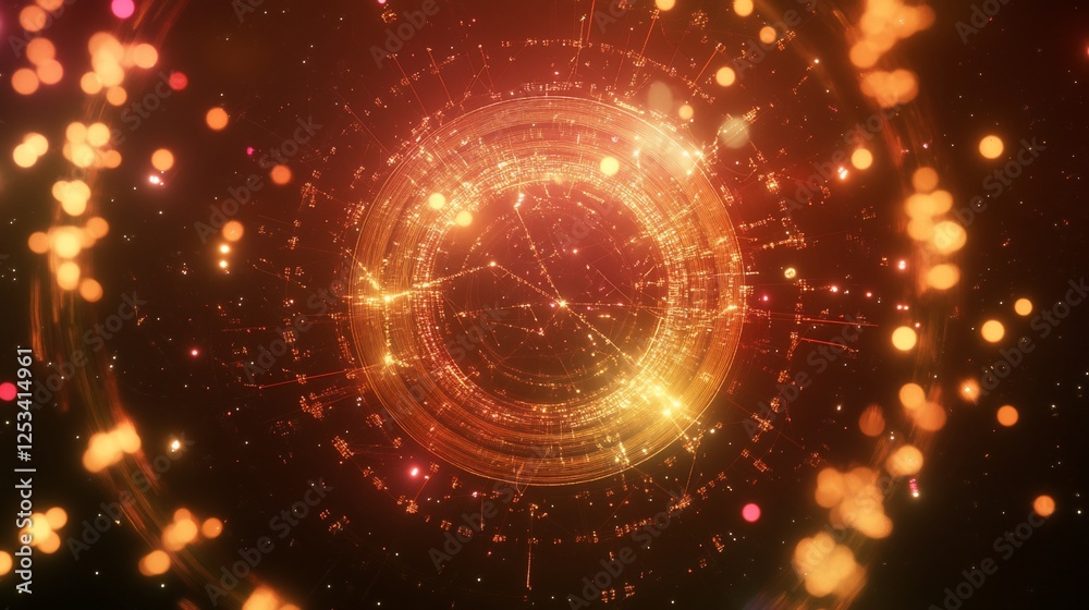 Obraz premium Abstract digital art with glowing circular lines and bokeh effect on dark background