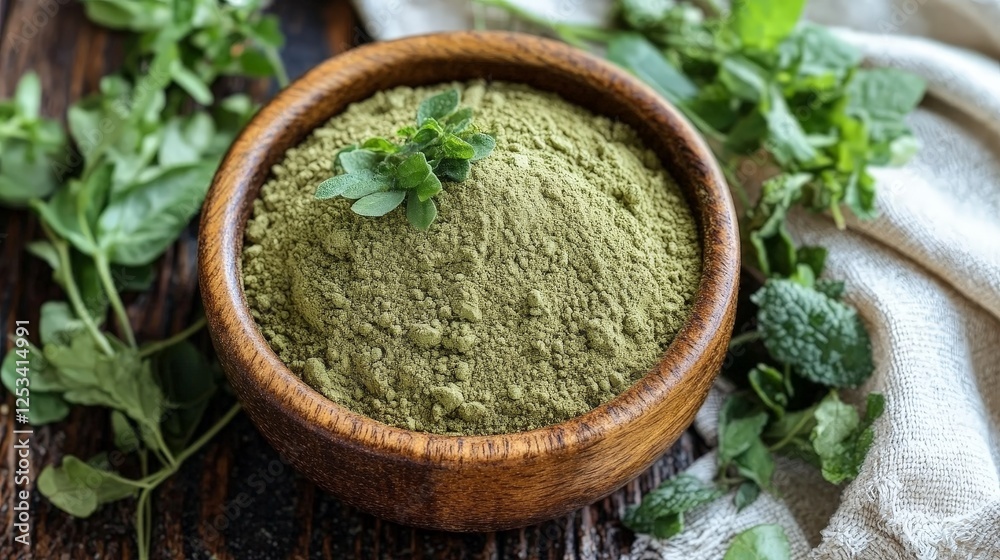 A wooden bowl filled with green powder, surrounded by fresh herbs on a textured surface. A wooden bowl filled with green powder, surrounded by fresh herbs on a textured surface.